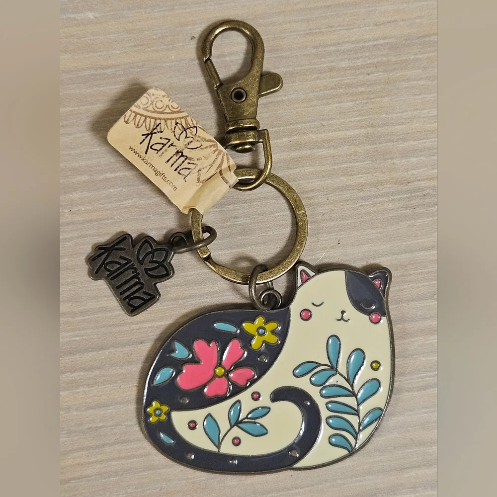 Karma Enamel Keychain Gifts Purse Bag Colorful Cat Brass